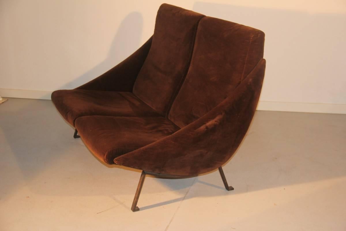 Mid-Century Modern Sofa Mid-Century Italian Design Arflex Attributed Metal Feet Velvet Brown 1950