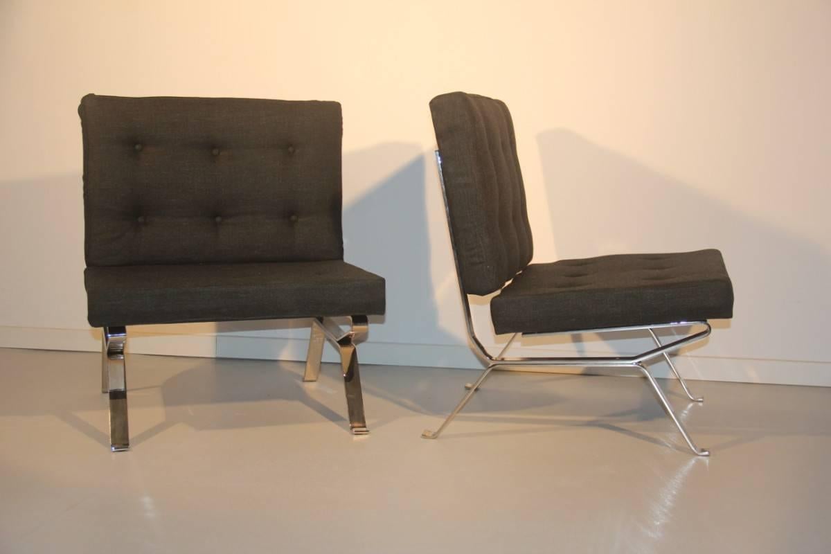 Pair of Italian mid-century armchairs Gastone Rinaldi for RIMA, 1950s, chromed metal frame pillows wool cotton fabric.