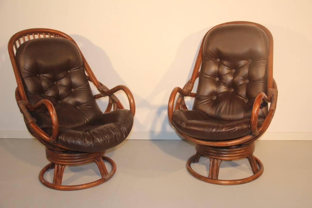 Bamboo and leather armchairs in 1960 revolving.