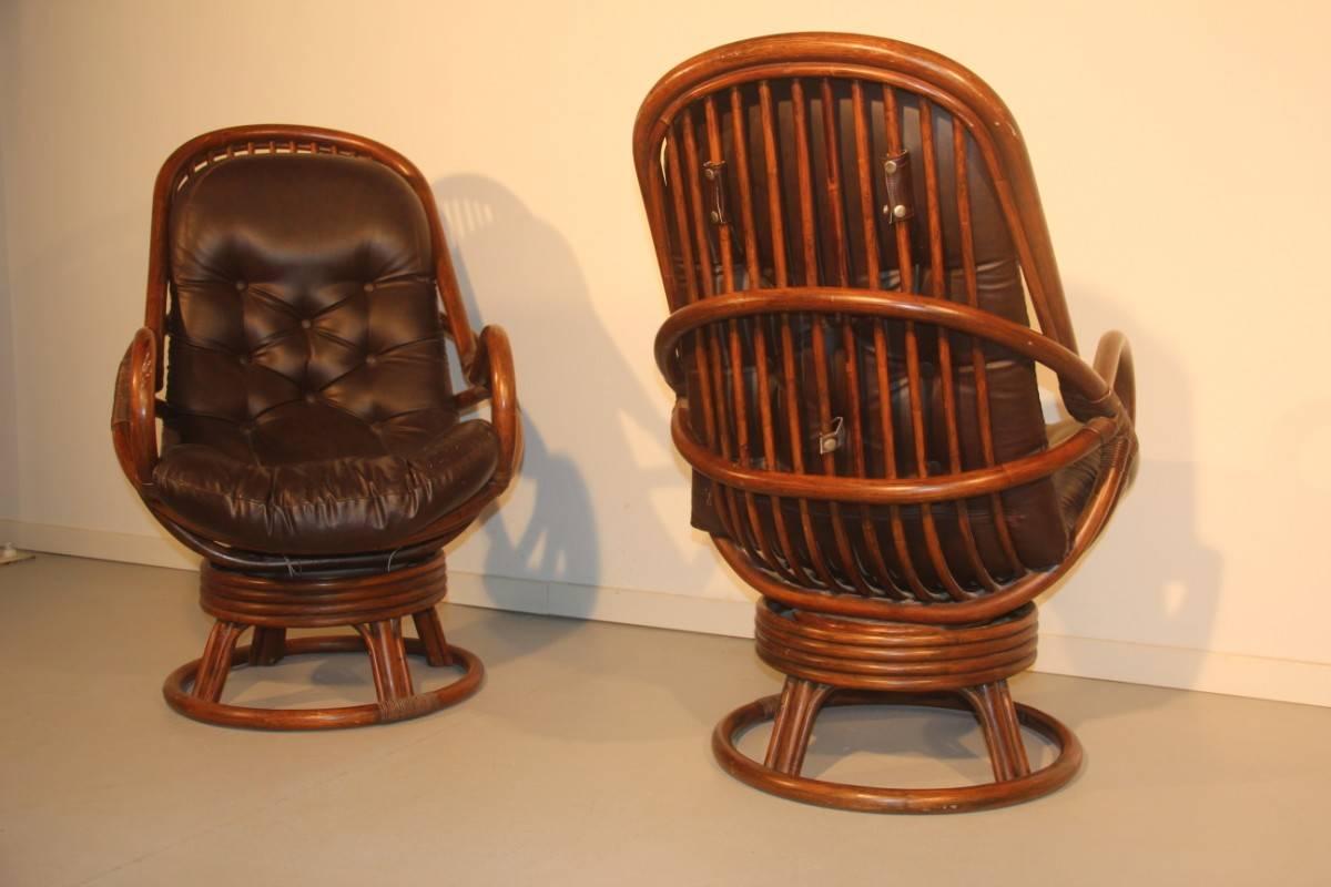 Bamboo and Leather Armchairs in 1960 Revolving For Sale 2
