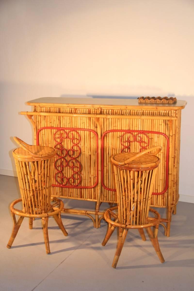 Cabinet Bar Counter Mid-Century Italian Design Solid Bamboo Pair of Round Stools In Good Condition In Palermo, Sicily