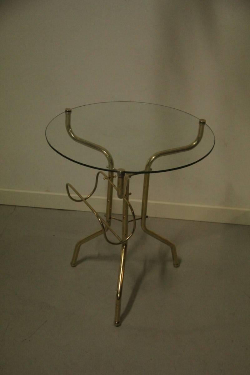 Italian Coffee Table Made of Tubular Brass Magazine Rack For Sale