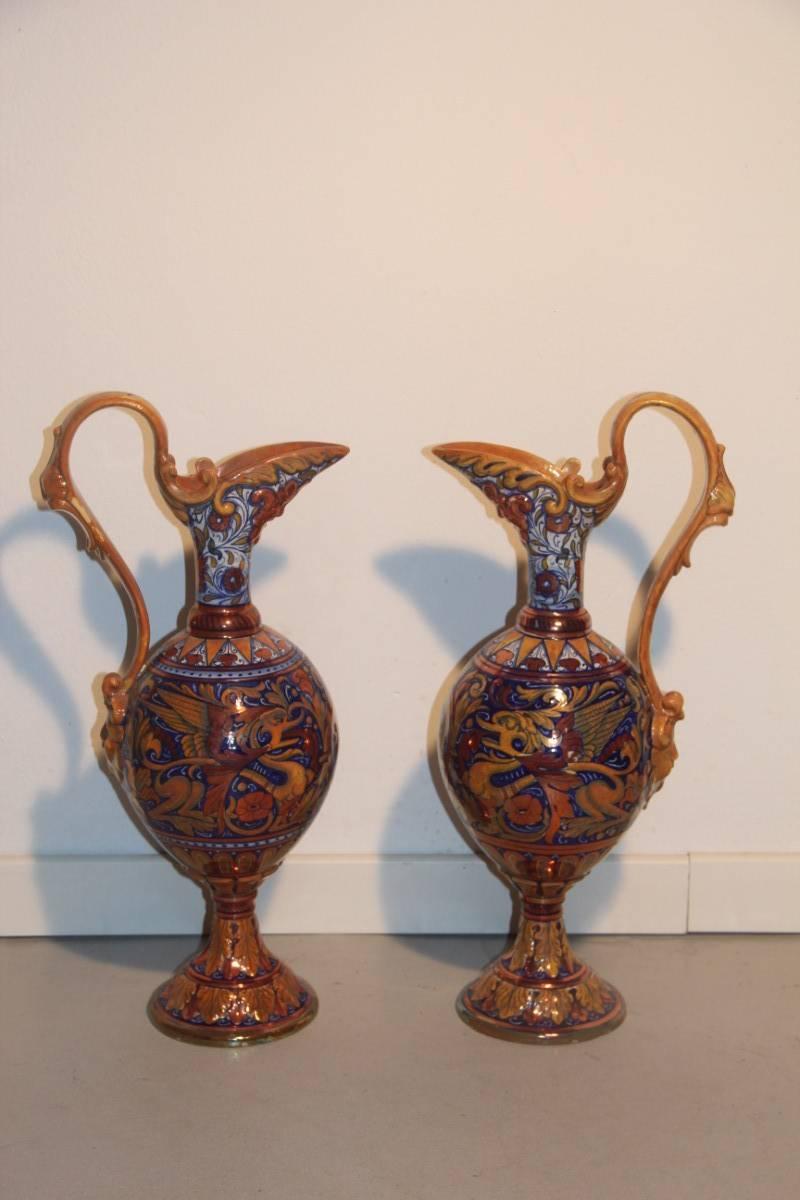 Art Nouveau Pair of Amphoras Enamel Luster Gualdo Tadino, 1940 For Sale