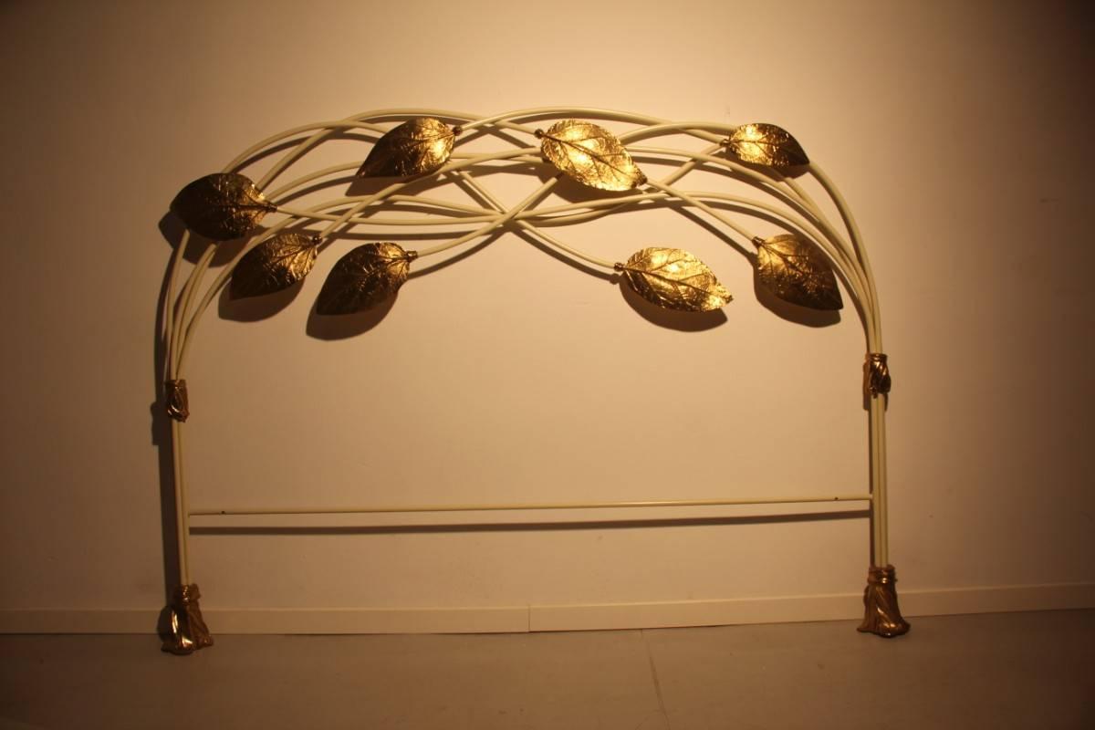 Mid-Century Modern Headboard Bed of Metal and Brass Leaves, 1970s