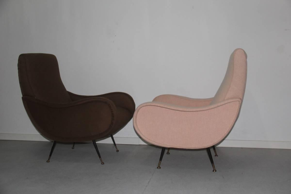 Mid-Century Modern Mid-Centur Pair of Armchairs Marco Zanuso Style Italian Design Feat Brass Iron 