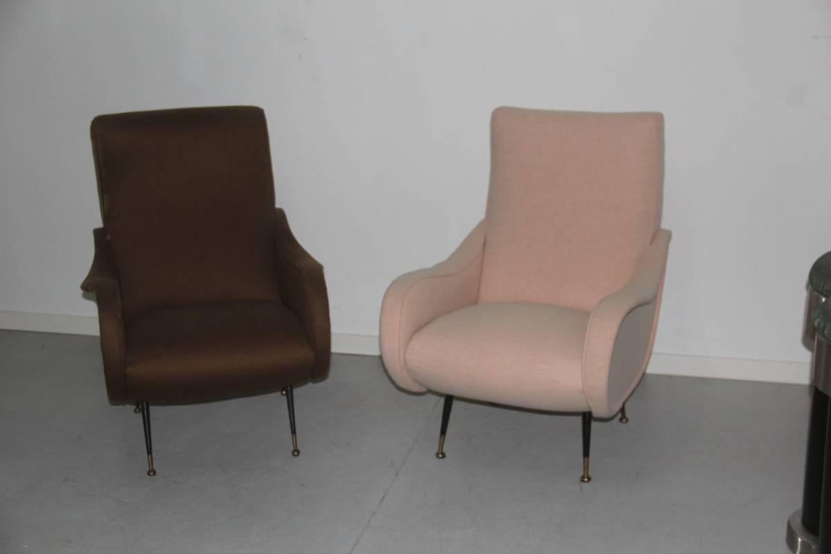 Mid-Centur Pair of Armchairs Marco Zanuso Style Italian Design Feat Brass Iron  In Good Condition In Palermo, Sicily