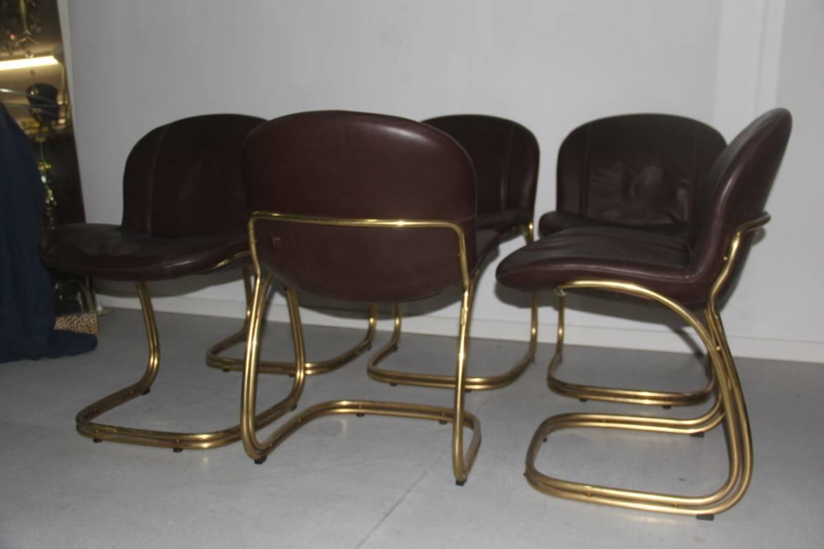 Massive Brass Gold Leather Minimal Chairs Gastone Rinaldi for RIMA, 1970s brown  In Good Condition In Palermo, Sicily