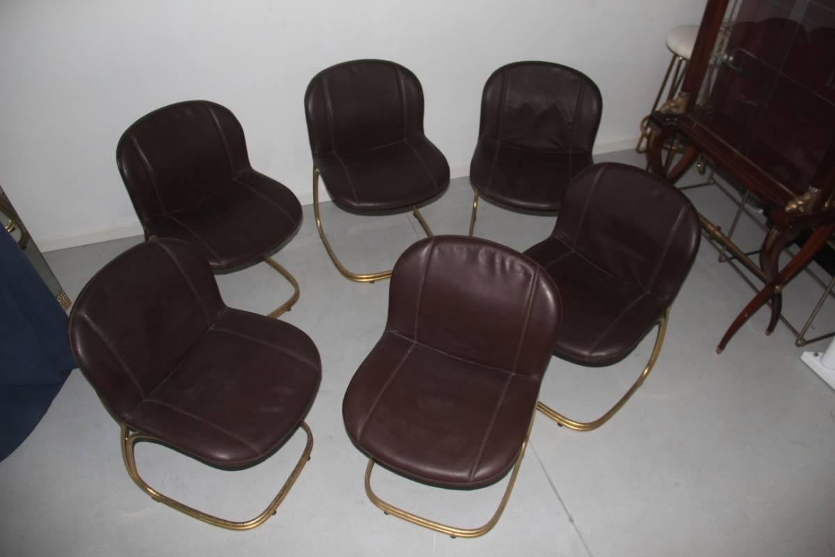 Massive Brass Gold Leather Minimal Chairs Gastone Rinaldi for RIMA, 1970s brown  1