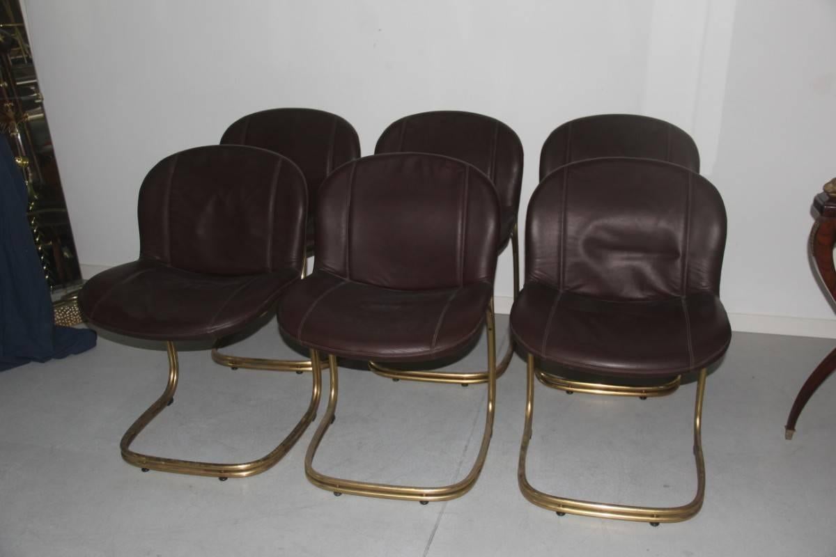 Massive Brass Gold Leather Minimal Chairs Gastone Rinaldi for RIMA, 1970s brown  3