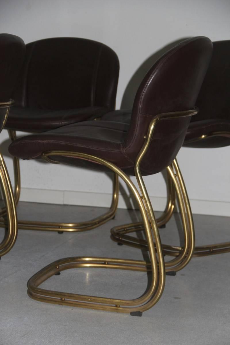 Late 20th Century Massive Brass Gold Leather Minimal Chairs Gastone Rinaldi for RIMA, 1970s brown 