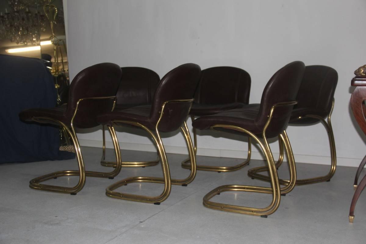 Massive Brass Gold Leather Minimal Chairs Gastone Rinaldi for RIMA, 1970s brown  2