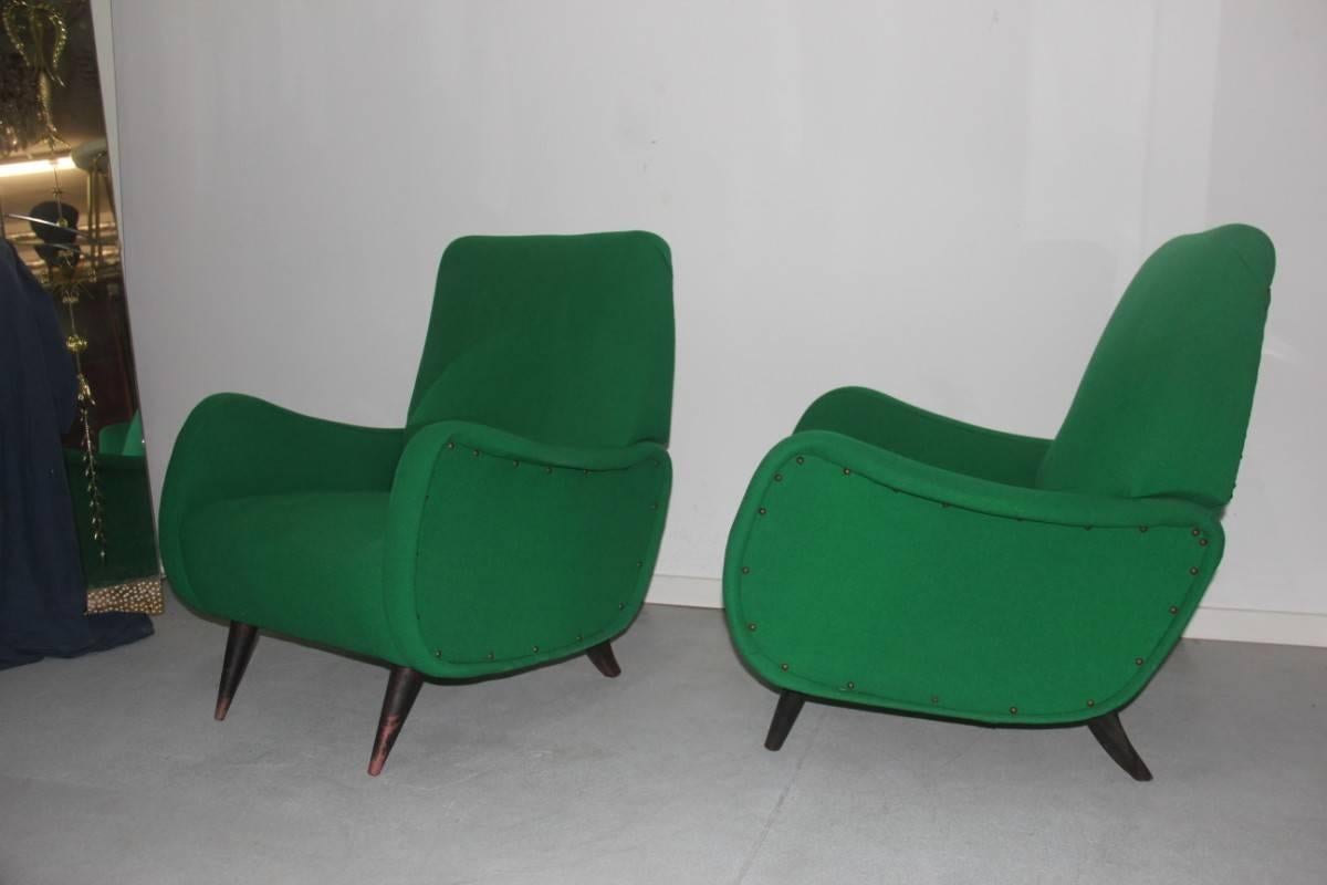 Velvet Pair of Italian Mid-Century Design Armchairs Green Wood Feat Paolo Buffa For Sale