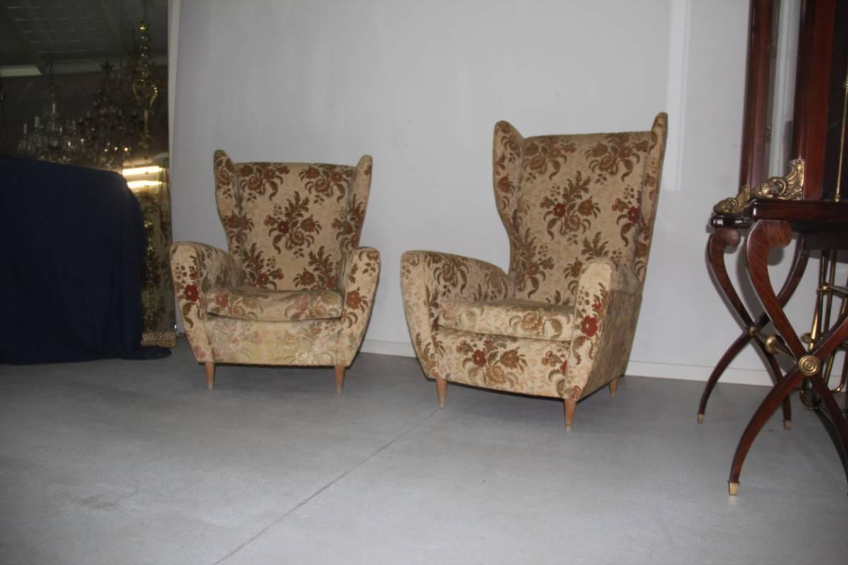 Mid-Century Modern Pair Of Armchairs Him and Her High Back 1950 Gio Ponti Style  In Fair Condition In Palermo, Sicily