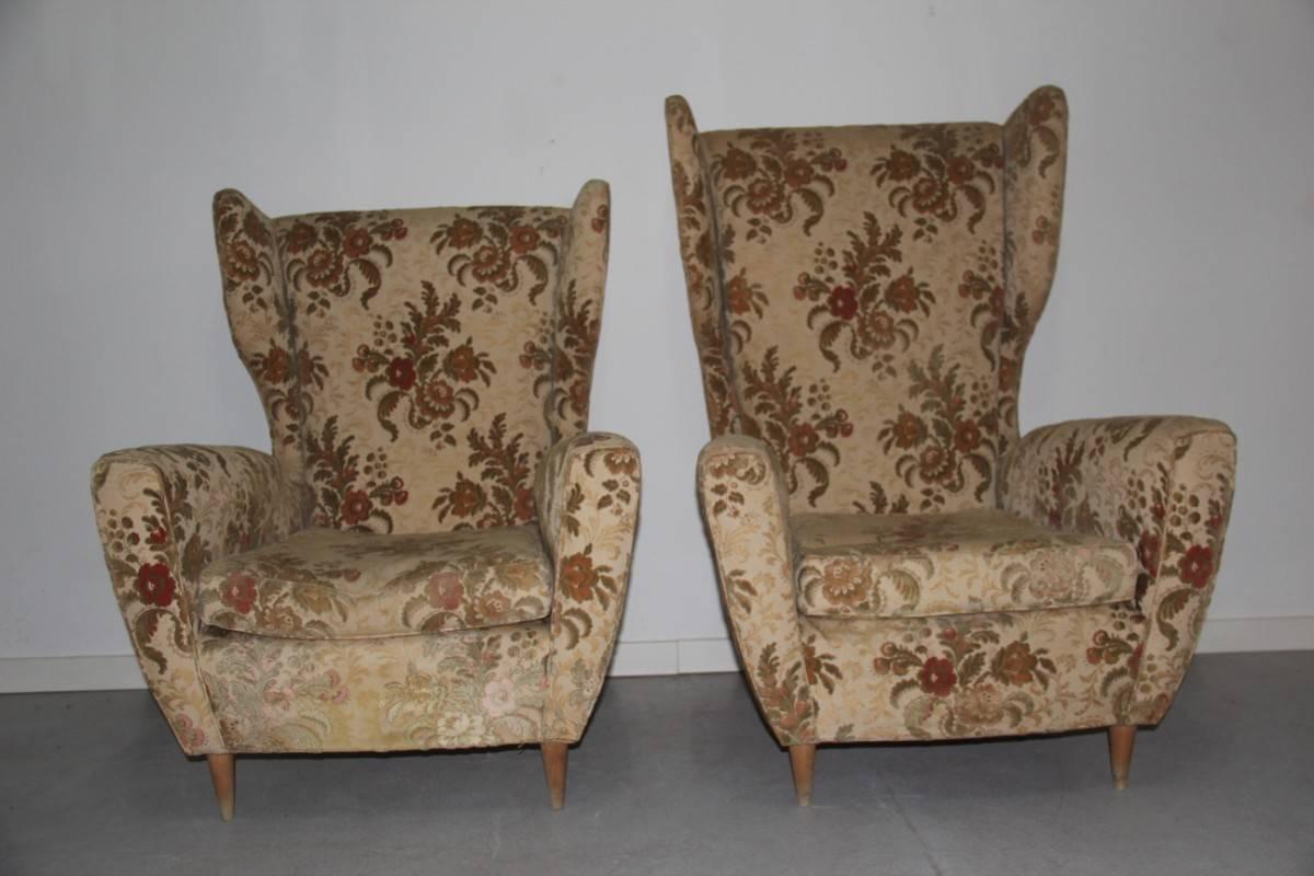 Velvet Mid-Century Modern Pair Of Armchairs Him and Her High Back 1950 Gio Ponti Style 