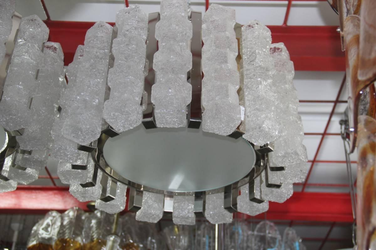 Steel Round Zero4 Ceiling Lamp Murano Art Glass Italian Design Silver Cubic Ice For Sale