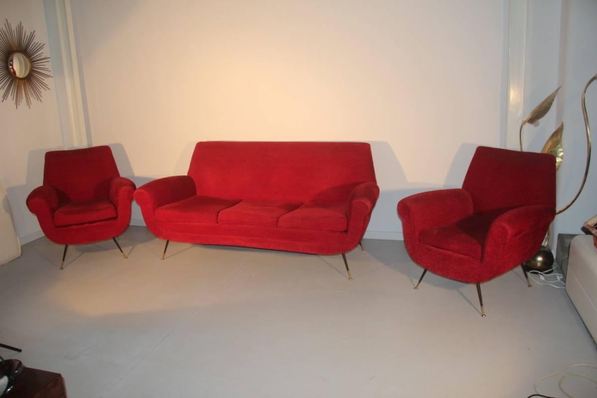 Living Room sets Gigi Radice Italian Mid-Century design, red velvet metal feet with brass parts. Original old condition. 

Armchairs cm.86 H., W.cm.85., D.80 cm. , Chairs H. cm.77  , W.cm.47, D. cm.56 