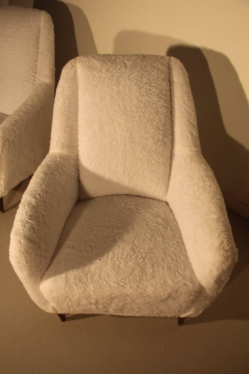 Pair of mid-century Italian armchairs 1950s, the fabric is white plush, very special in its kind shape and style.