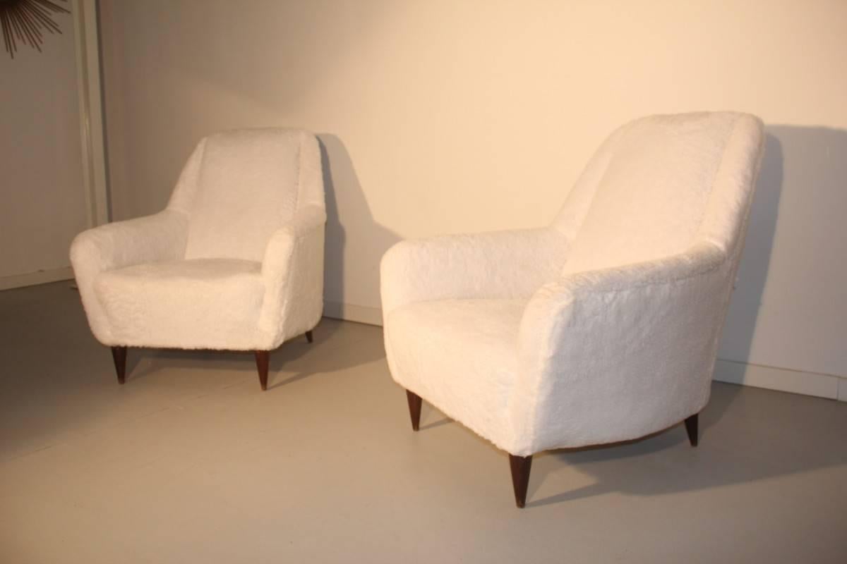 Mid-20th Century Pair of Mid-Century Italian Armchairs, 1950s White Peluche Plush