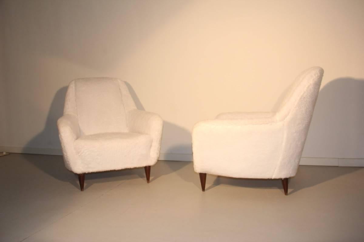 Velvet Pair of Mid-Century Italian Armchairs, 1950s White Peluche Plush