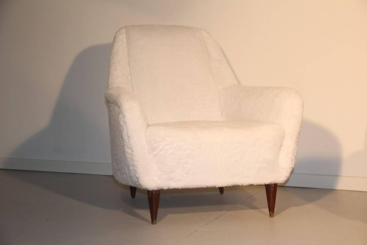 Pair of Mid-Century Italian Armchairs, 1950s White Peluche Plush 2