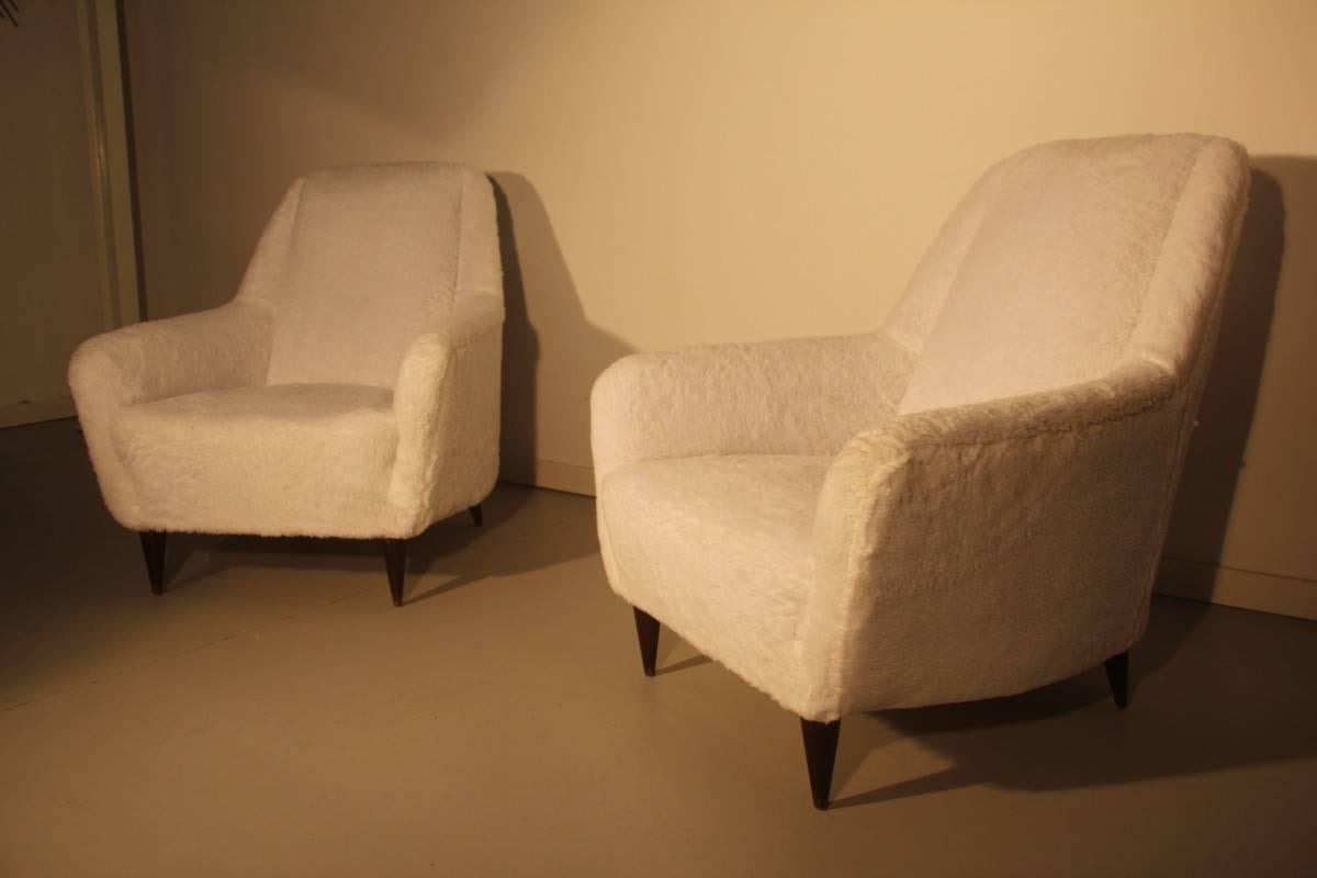 Pair of Mid-Century Italian Armchairs, 1950s White Peluche Plush 4