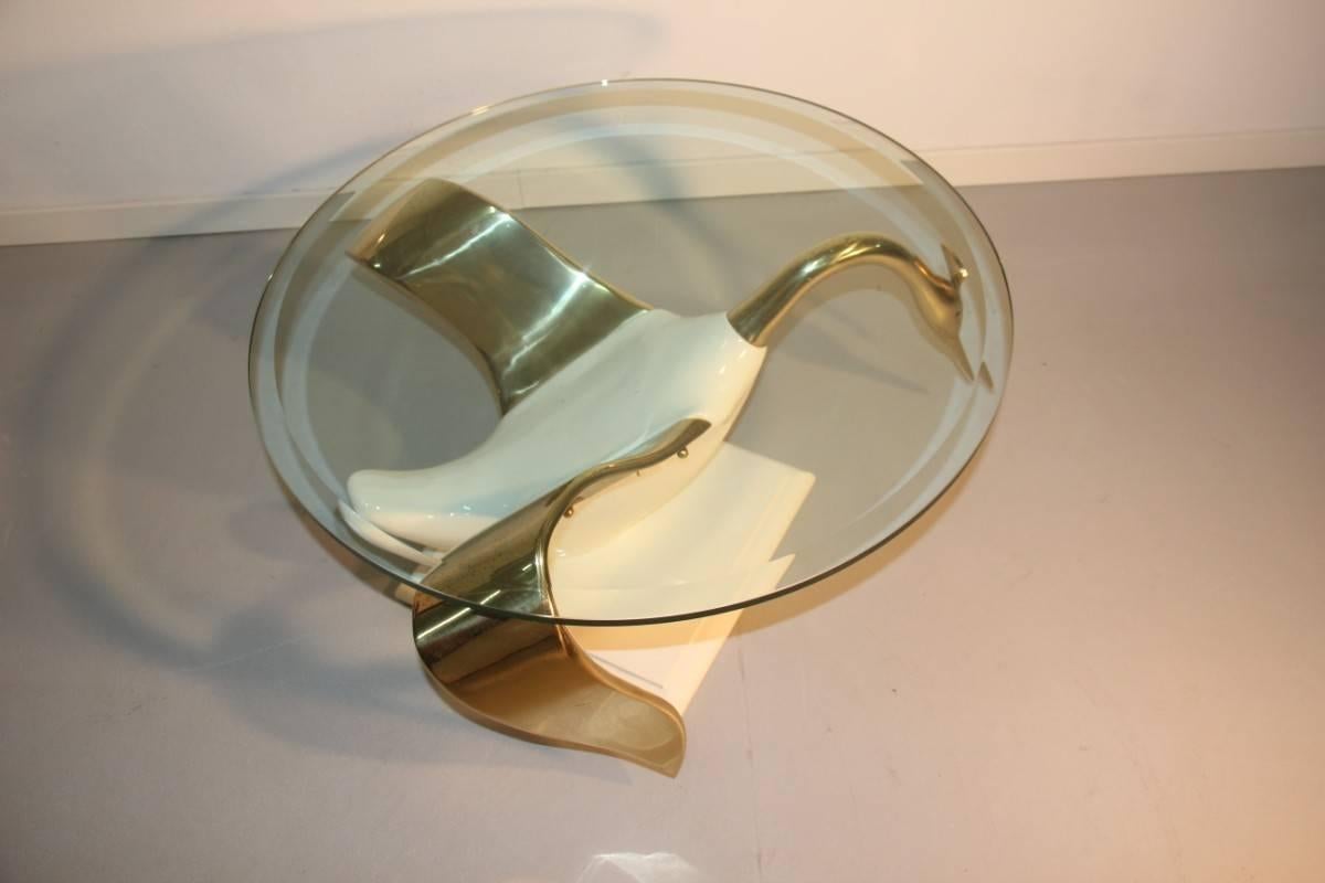 Mid-Century Modern Swan Table Coffee White Gold Brass Lacquered Wood Round Glass Top Italian 1970