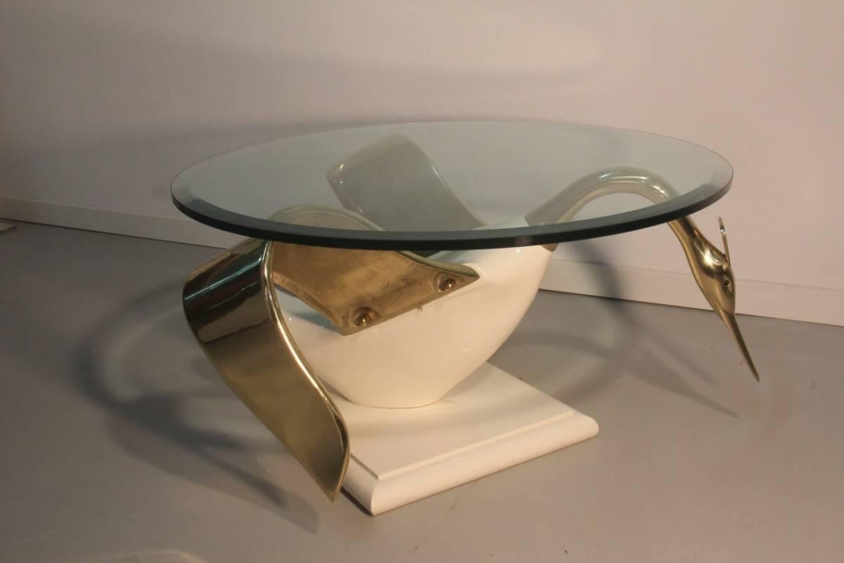 Swan Table Coffee White Gold Brass Lacquered Wood Round Glass Top Italian 1970 3