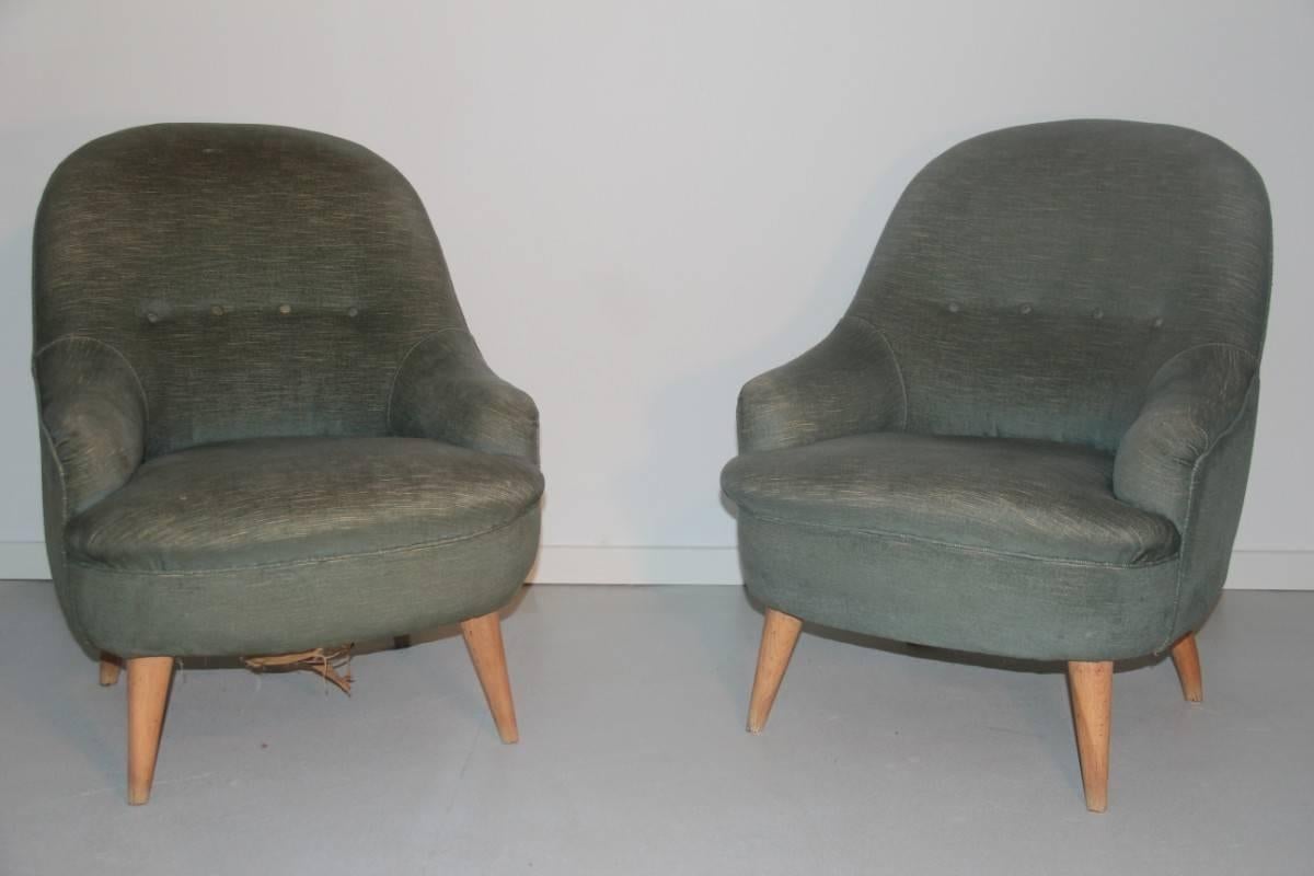 Italian Mid-Century Modern Armchairs Green Wood Velvet Gio Ponti Style 1