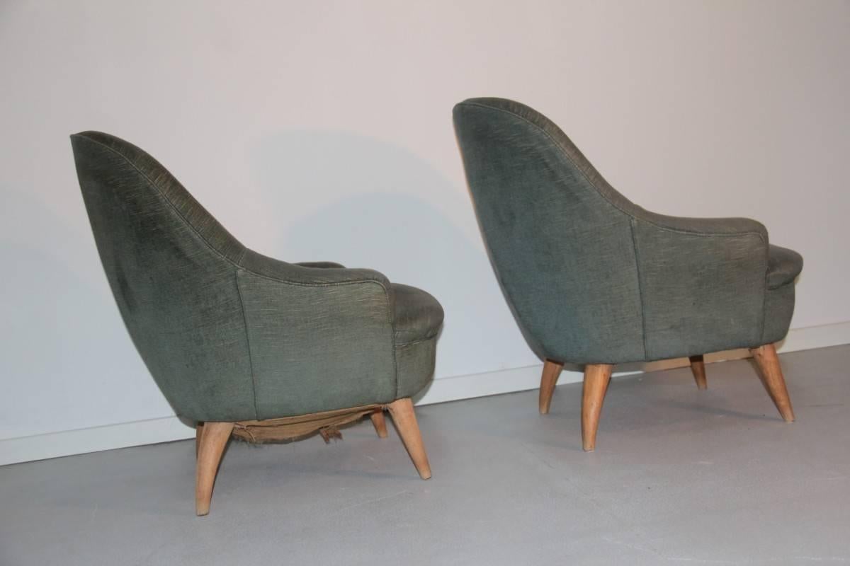 Italian Mid-Century Modern Armchairs Green Wood Velvet Gio Ponti Style 2