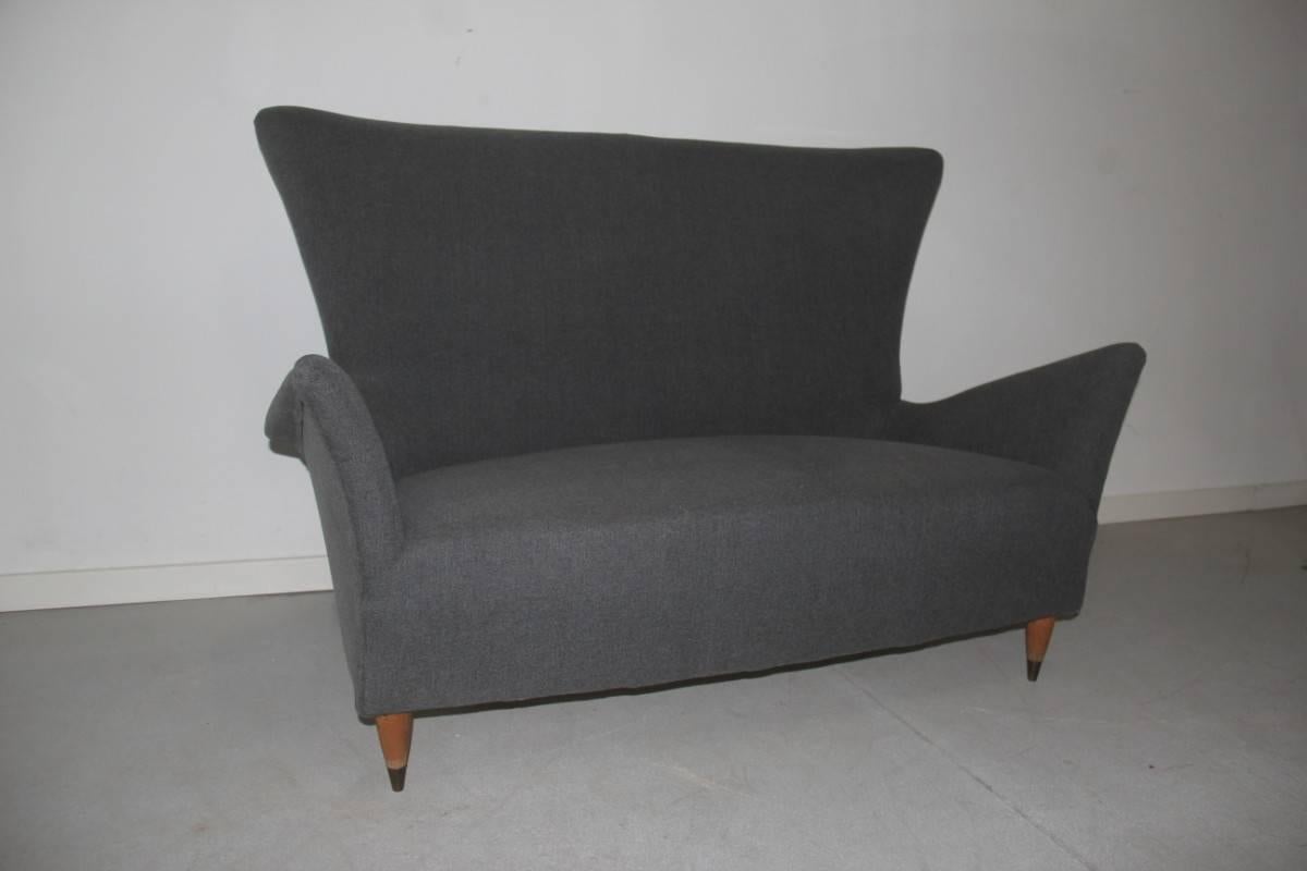 Mid-Century Modern Sofa Mid-Century Italian Design Geometric Form 1950s Wood Feat Grey Ico Parisi  For Sale