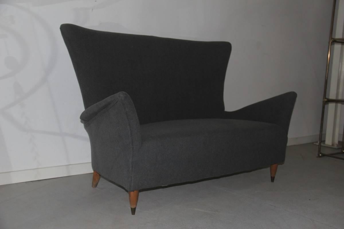 Sofa Mid-Century Italian Design Geometric Form 1950s Wood Feat Grey Ico Parisi  In Good Condition For Sale In Palermo, Sicily
