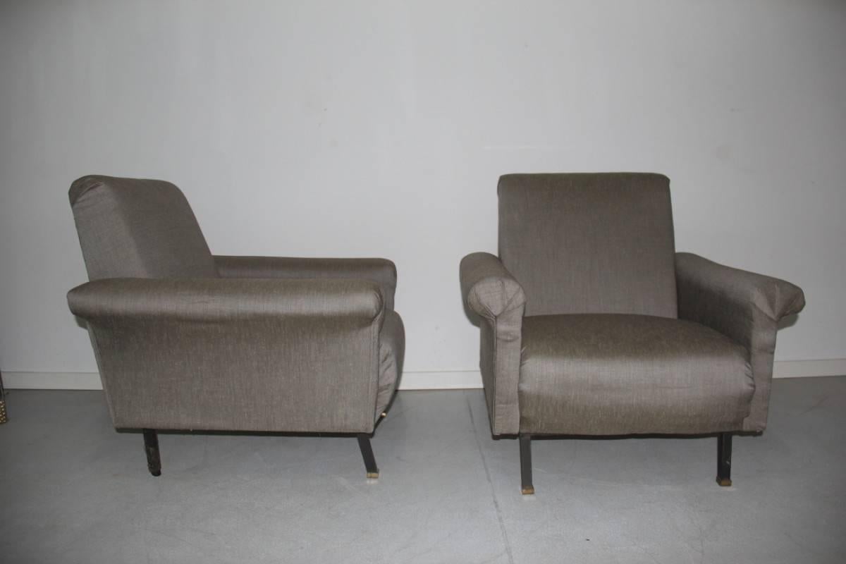 Mid-Century Italian Armchairs 1950s Design Metal Feet Black Brass Gold  In Good Condition In Palermo, Sicily