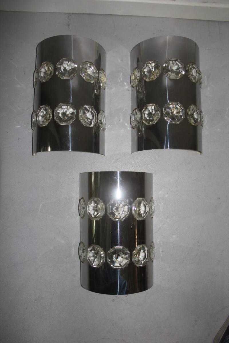 Late 20th Century Delicious Sconces Curved Steel with Large Diamonds Crystal For Sale