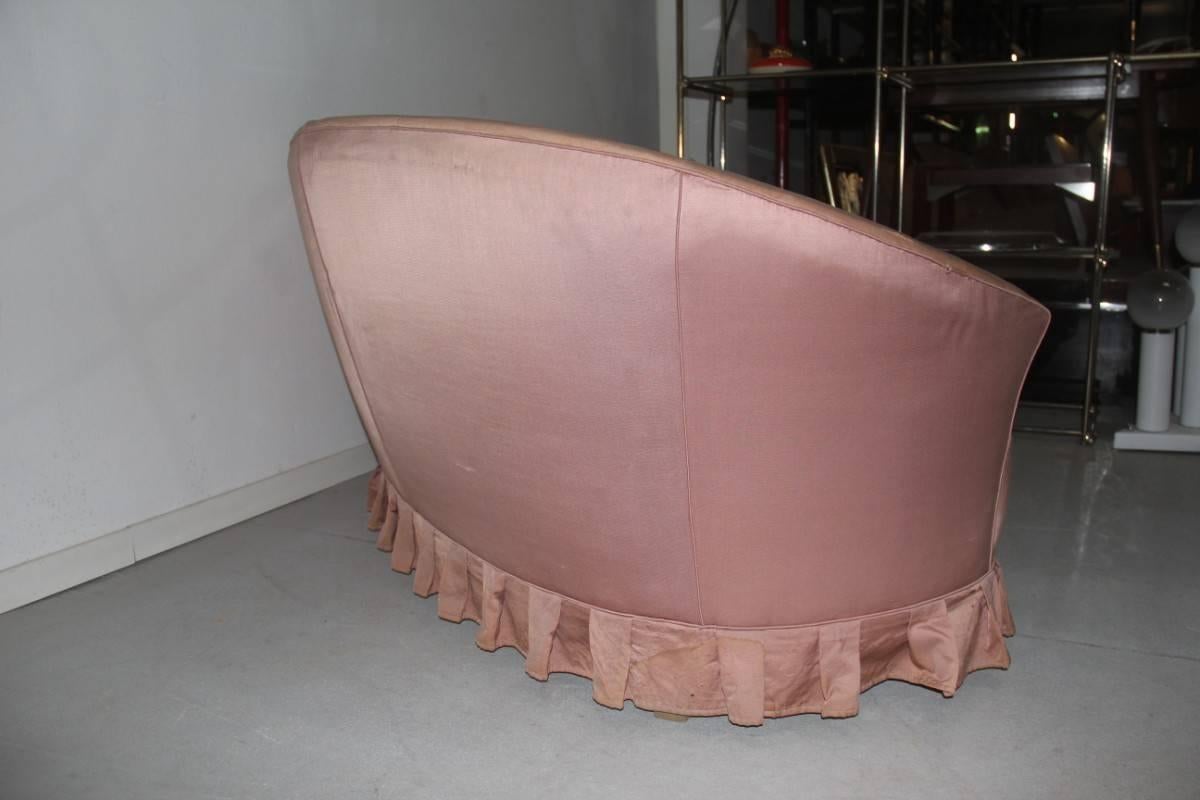 Silk Elegant Mid-Century Italian Design Sofa Curved  Pink Wood Feat 