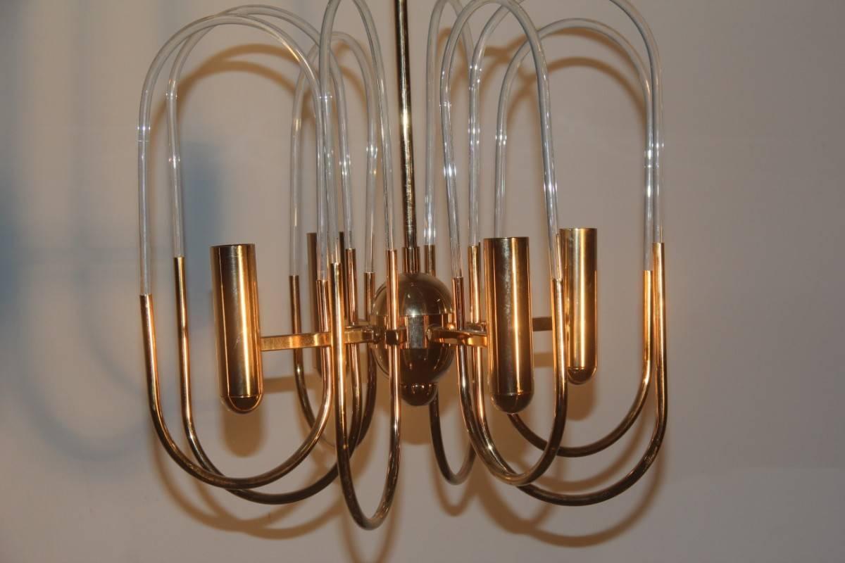 Minimal Design Gilt Metal 1970 Chandelier Aldo Marchetti Diapason Series For Sale 1