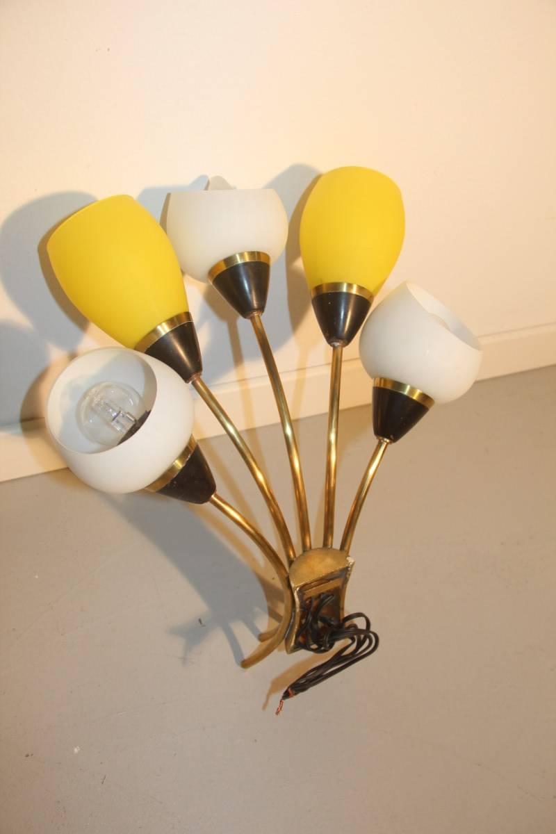 Mid-20th Century Mid-Century Big Italian Sconce Yellow Brass White Glass, 1950 For Sale