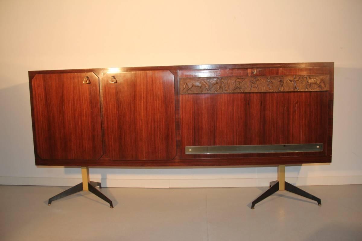 Minimal Italian Mid-Century Sideboard Mahogany and Brass Parts Bar Cabinet In Good Condition For Sale In Palermo, Sicily