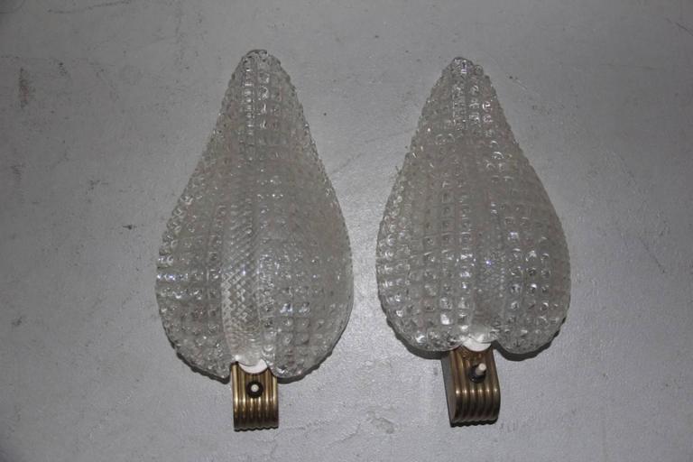 Wall Sconces in Murano Glass and Brass 1940 Barovier e Toso In Good Condition For Sale In Palermo, Sicily
