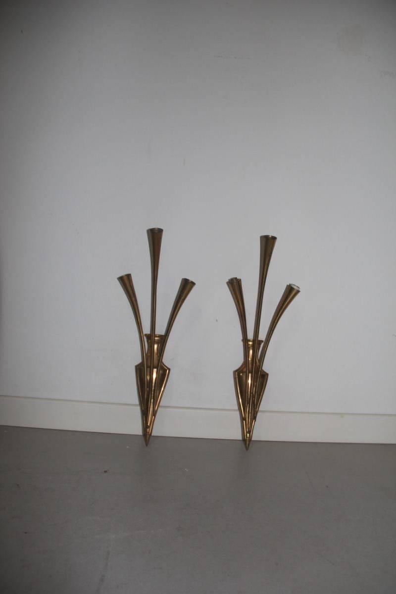 Pair of solid brass sconce, 1950 noisemakers, Lumi design Oscar Torlasco.