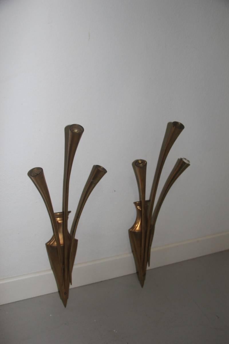 Mid-Century Modern Pair of Solid Brass Sconce, 1950 Noisemakers For Sale