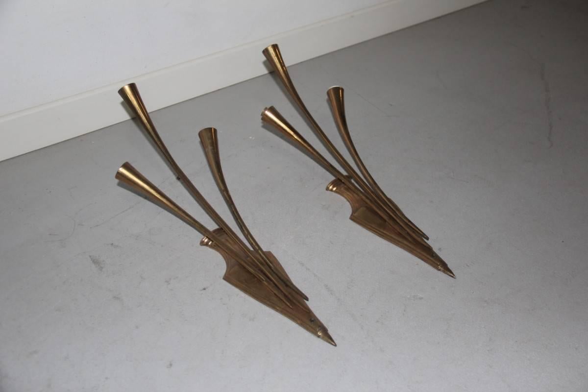 Italian Pair of Solid Brass Sconce, 1950 Noisemakers For Sale
