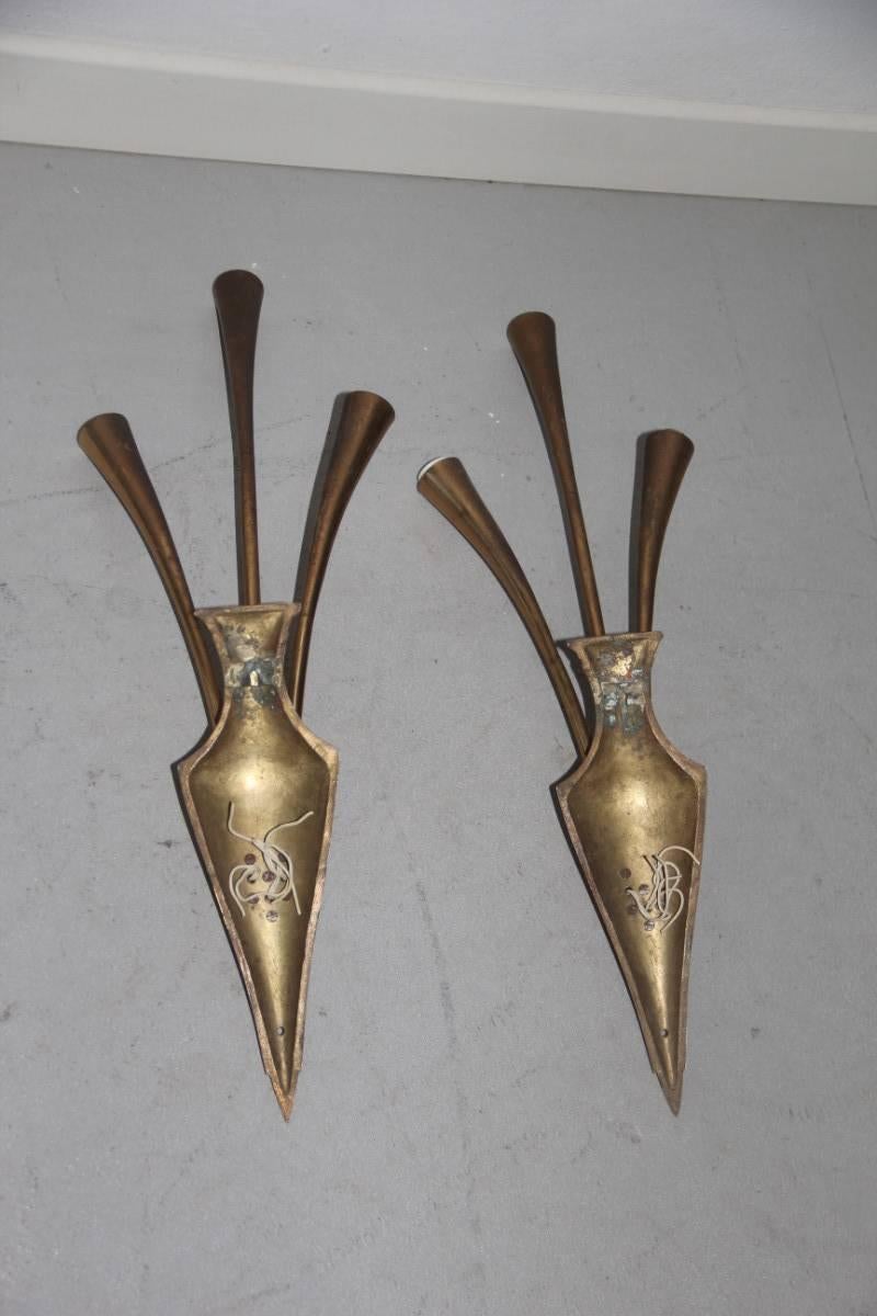Mid-20th Century Pair of Solid Brass Sconce, 1950 Noisemakers For Sale