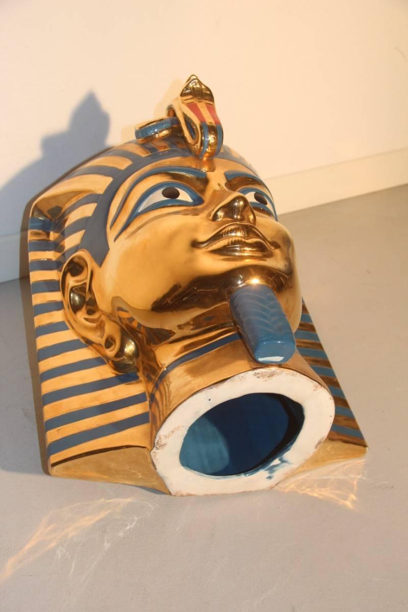 Mid-Century Modern Big Sculpture Egyptian, 1970s Ceramic Italian Design Gold Turquoise For Sale