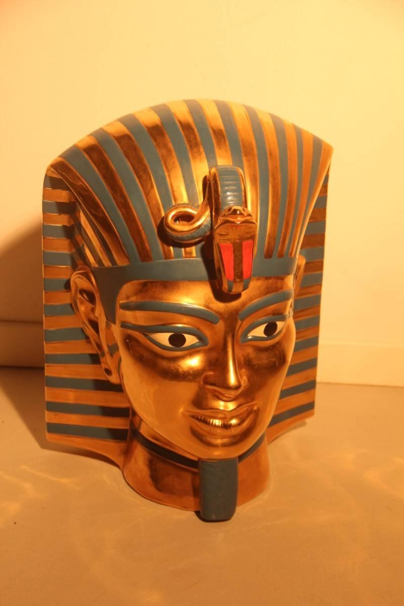 Big Sculpture Egyptian, 1970s Ceramic Italian Design Gold Turquoise For Sale 4