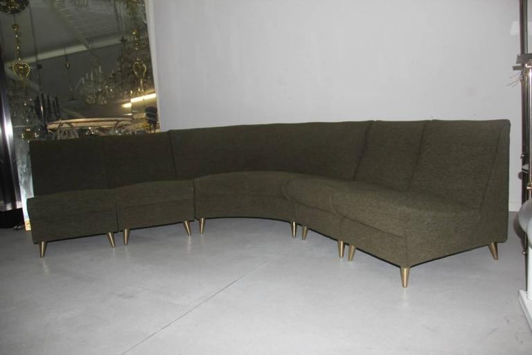 Fabric Elegant Modular Curved Sofa Italian Mid-Century Design Zanuso Green Brass Feat  For Sale