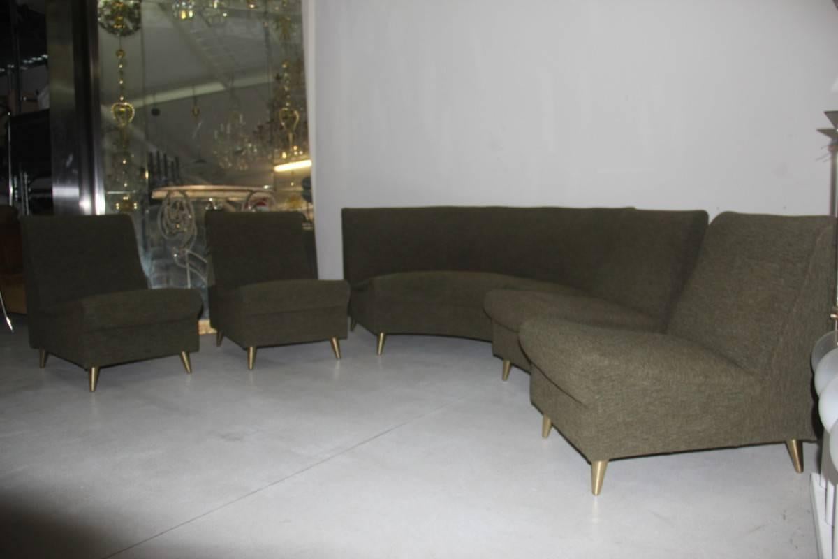 Mid-Century Modern Elegant Modular Curved Sofa Italian Midcentury Green Brass Feet Cesare Lacca For Sale