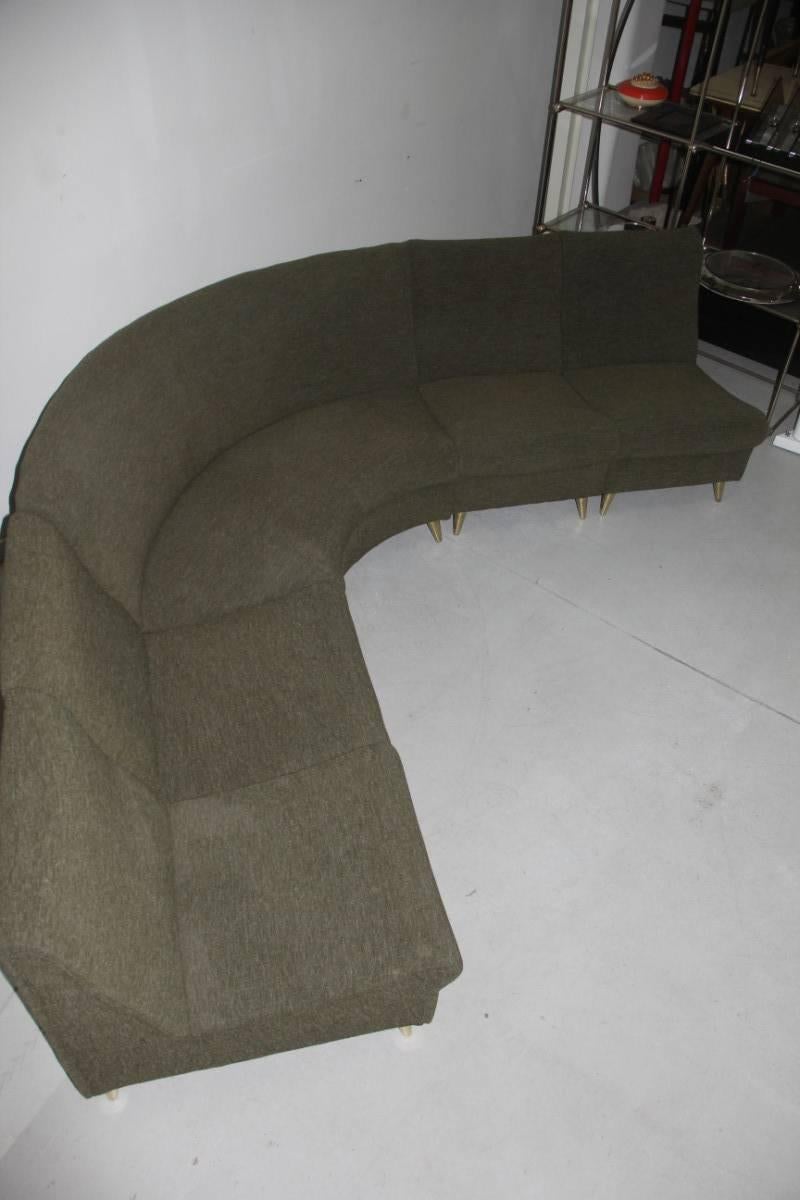 Elegant Modular Curved Sofa Italian Midcentury Green Brass Feet Cesare Lacca For Sale 1