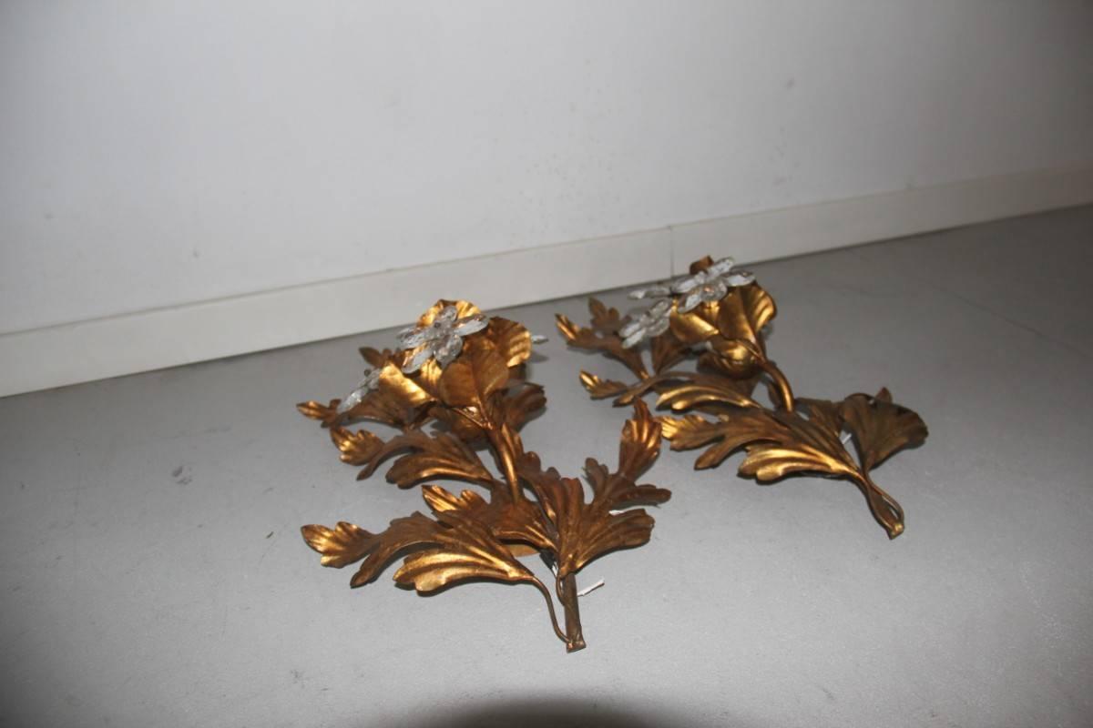 Pair of sculpture metal sconces leaves gilt crystall design, 1950s, French.