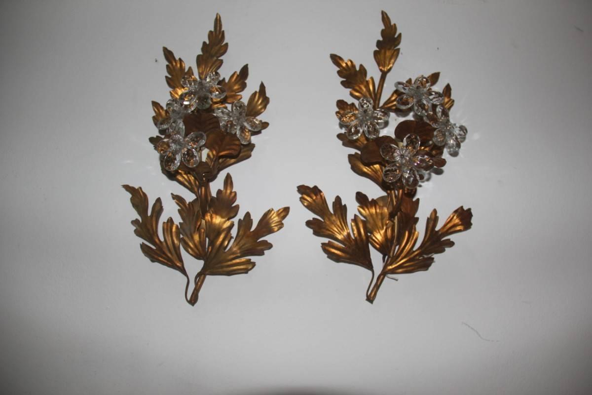 Mid-Century Modern Pair of Sculpture Metal Sconces Crystal Design, 1950s, French For Sale