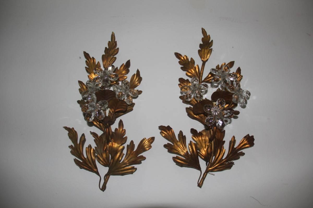 Mid-20th Century Pair of Sculpture Metal Sconces Crystal Design, 1950s, French For Sale